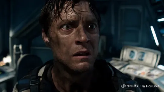 Intense Close-Up of Fearful Man in Space Setting – AI Generated Video | Hailuo AI