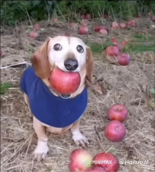 Dog Holds Apple as Cat Poops on It in Orchard – AI Generated Video | Hailuo AI