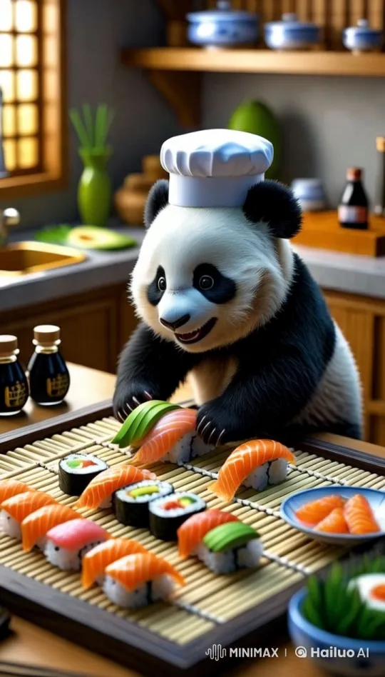 Tiny Panda Chef Rolls Sushi in a Cozy Japanese Kitchen – AI Generated Video | Hailuo AI