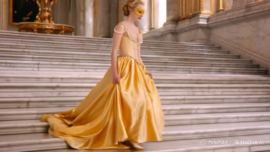 Noblewoman Descends Staircase in Golden Elegance – AI Generated Video | Hailuo AI