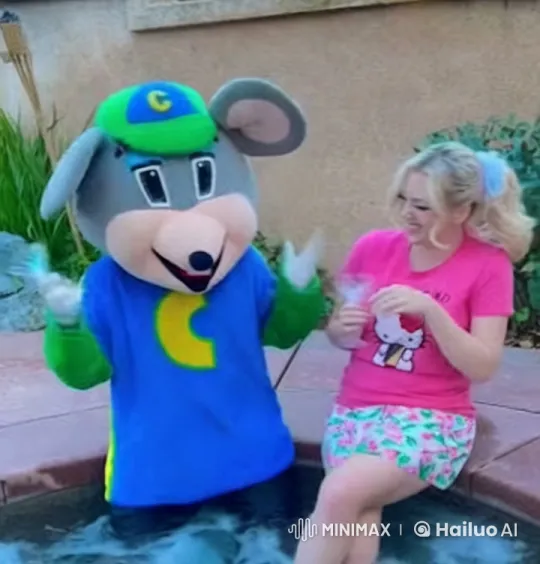 Chuck E. Cheese Enjoys Playful Moment with Girl at Hot Tub – AI Generated Video | Hailuo AI