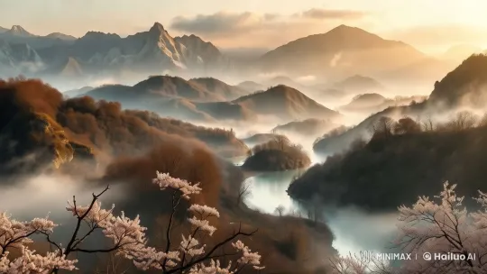Sunrise Serenity: Misty Mountains and Cherry Blossoms – AI Generated Video | Hailuo AI