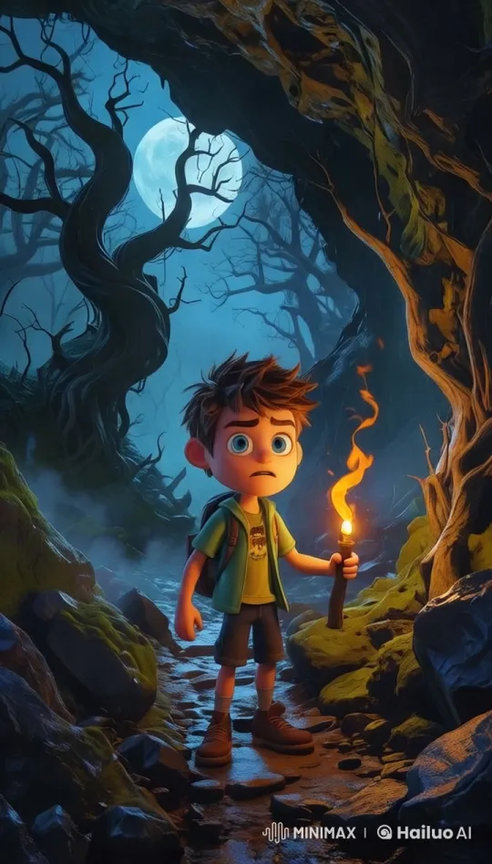 Boy Navigates Haunted Forest with Torch – AI Generated Video | Hailuo AI