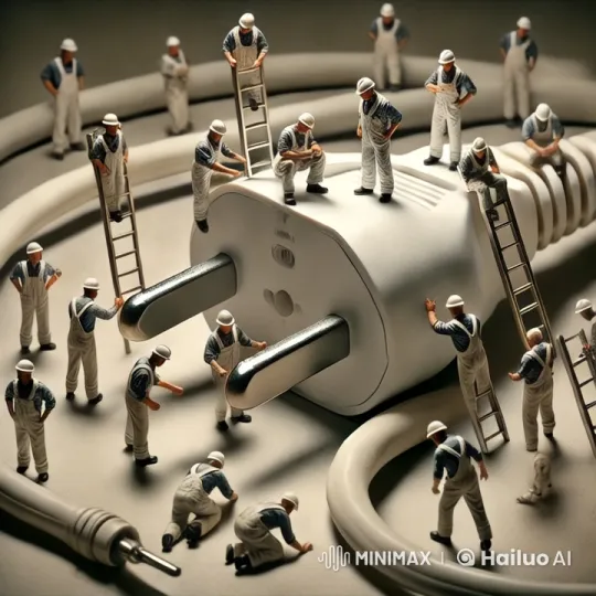 Miniature Workers Tend to Giant Electrical Plug – AI Generated Video | Hailuo AI