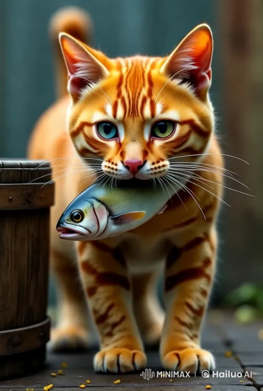 Orange Cat Escapes with Fish in Graceful Chase – AI Generated Video | Hailuo AI