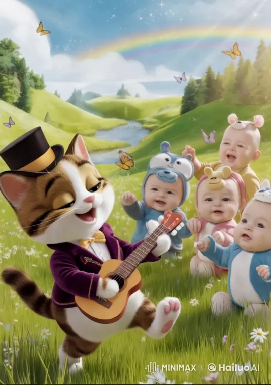Fancy Cat Strums Guitar in Whimsical Meadow with Babies – AI Generated Video | Hailuo AI