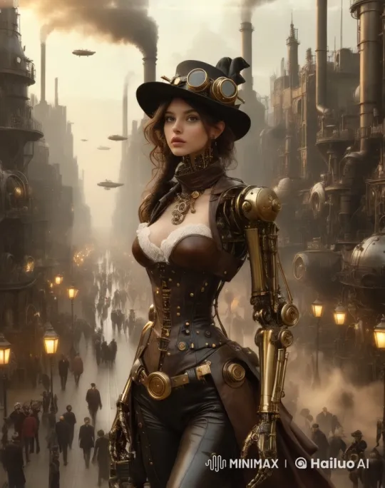 Curvy Girl Explores Steampunk Metropolis in Sexy Outfit – AI Generated Video | Hailuo AI
