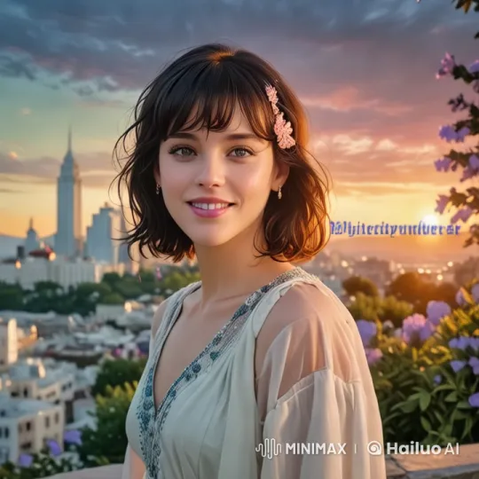Woman with Floral Hairpin in Enchanting Cityscape Sunset – AI Generated Video | Hailuo AI