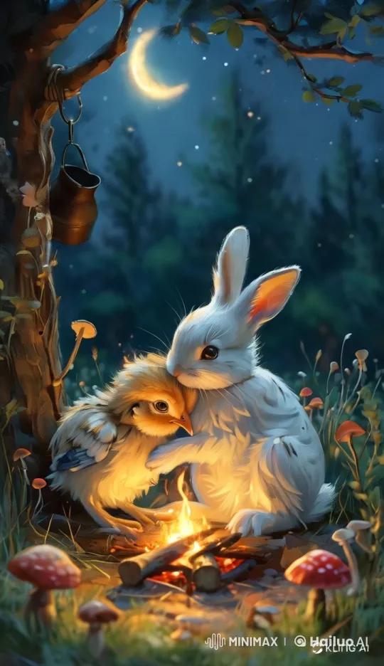 Rabbit and Chicken Share Cozy Campfire Under Starry Sky – AI Generated Video | Hailuo AI
