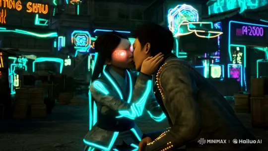 Intimate Kiss in Neon-Lit Slums with Cyberpunk Drama – AI Generated Video | Hailuo AI