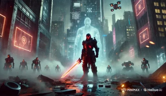 Futuristic Cityscape with Armored Soldiers and Dominant Hologram – AI Generated Video | Hailuo AI