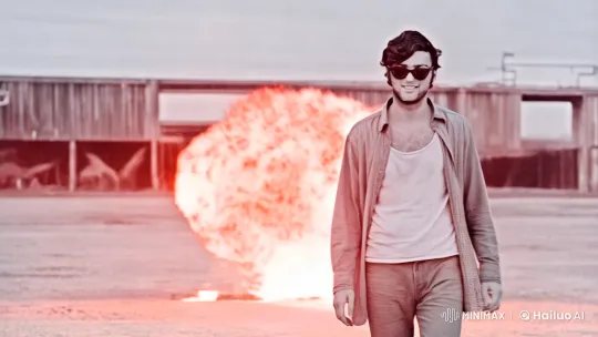 Confident Man Walks Through Industrial Explosion – AI Generated Video | Hailuo AI