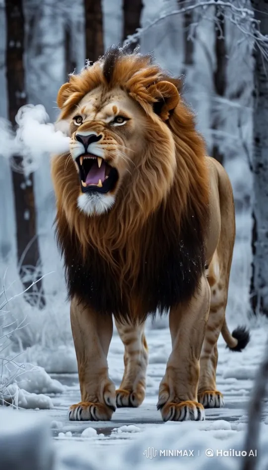 Majestic Lion Roars in Snowy Forest – AI Generated Video | Hailuo AI