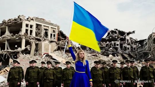 Ukrainian Woman Stands Defiant with Flag in Ruins – AI Generated Video | Hailuo AI