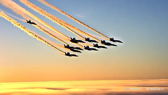 Fighter Jets Perform Dramatic Aerial Display Over Clouds – AI Generated Video | Hailuo AI