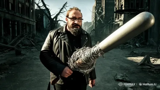Bearded Man with Lucille in Ruined Cityscape – AI Generated Video | Hailuo AI