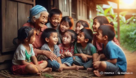 Elderly Woman Shares Stories with Village Children – AI Generated Video | Hailuo AI