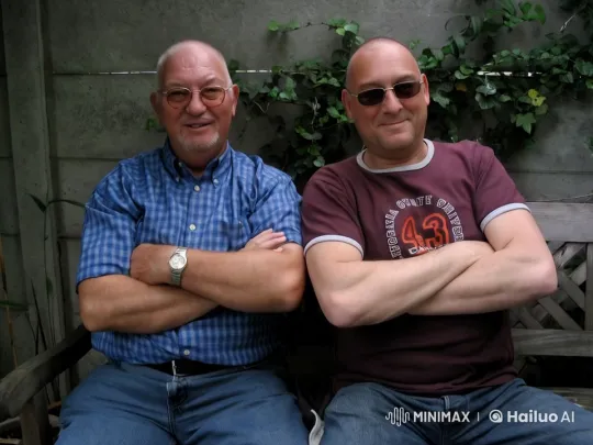 Men Embrace on Bench Amidst Serene Background – AI Generated Video | Hailuo AI
