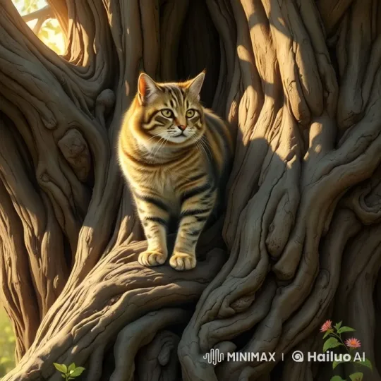 Tabby Cat Gracefully Climbs Down Sunlit Tree – AI Generated Video | Hailuo AI
