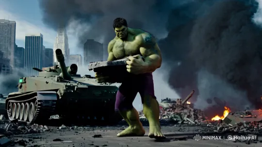 Hulk's Fury: Epic Stand in a War-Torn Cityscape – AI Generated Video | Hailuo AI