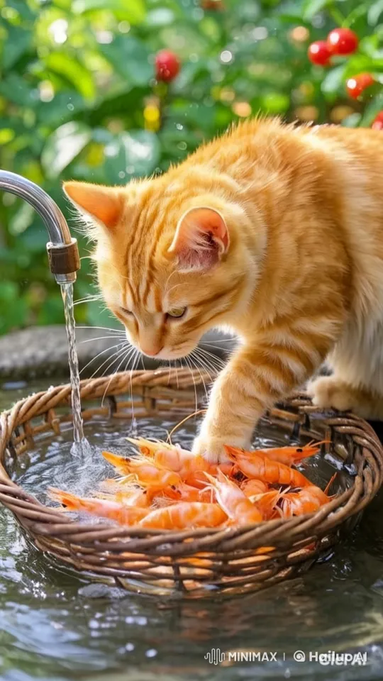 Ginger Cat Delicately Washes Shrimp in Serene Garden – AI Generated Video | Hailuo AI