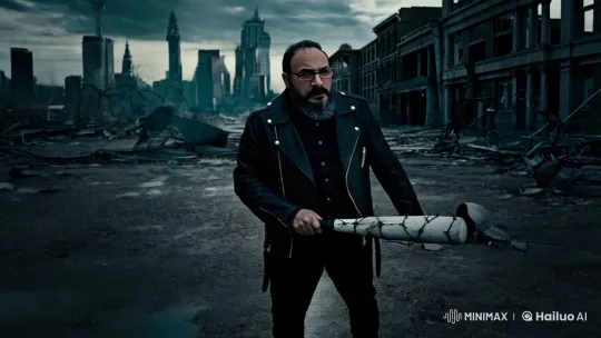 Bearded Man in Ruined City with Lucille Bat – AI Generated Video | Hailuo AI
