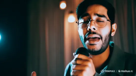 Passionate Singer on Dimly Lit Stage with Intimate Atmosphere – AI Generated Video | Hailuo AI