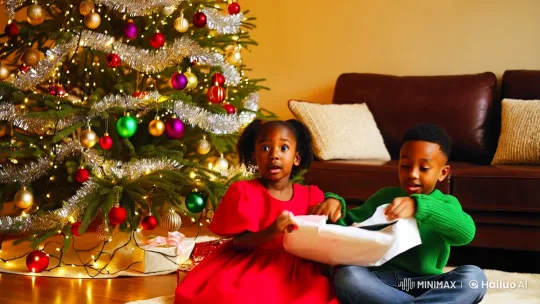 Joyful Children Unveil Christmas Gifts by Fairy-Lit Tree – AI Generated Video | Hailuo AI