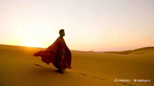 Lone Figure Leaps in Desert at Sunset – AI Generated Video | Hailuo AI