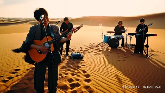 Japanese Guitarist and Band Perform in Desert Cinematic Video – AI Generated Video | Hailuo AI