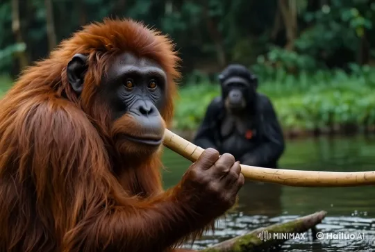 Orangutan Mimics Eating with Stick in Lush Habitat – AI Generated Video | Hailuo AI
