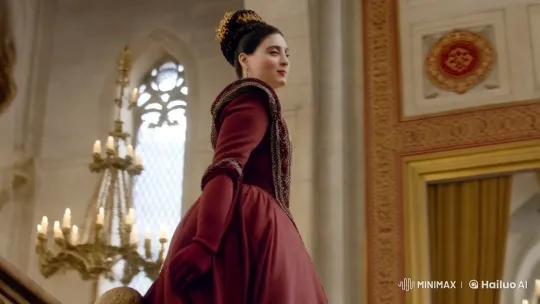 Regal Woman Descends Grand Staircase in Opulent Hall – AI Generated Video | Hailuo AI