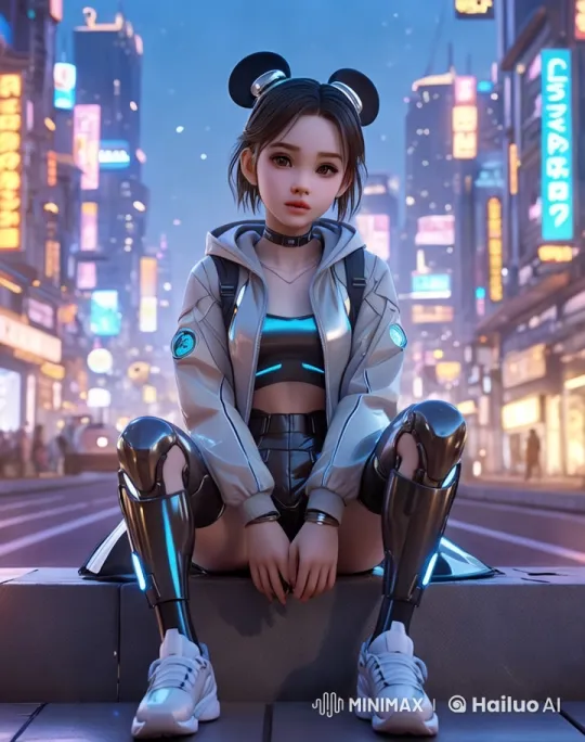 Futuristic Girl Showcases Prosthetics in Vibrant Cityscape – AI Generated Video | Hailuo AI