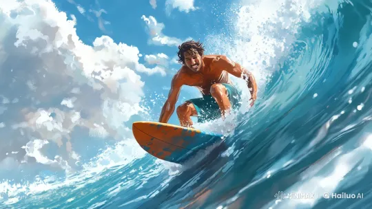 Surfer Navigates Giant Wave with Athletic Grace – AI Generated Video | Hailuo AI
