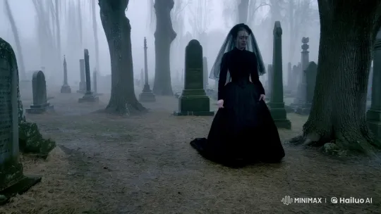 Ghostly Mourning Woman in Haunted Cemetery Setting – AI Generated Video | Hailuo AI