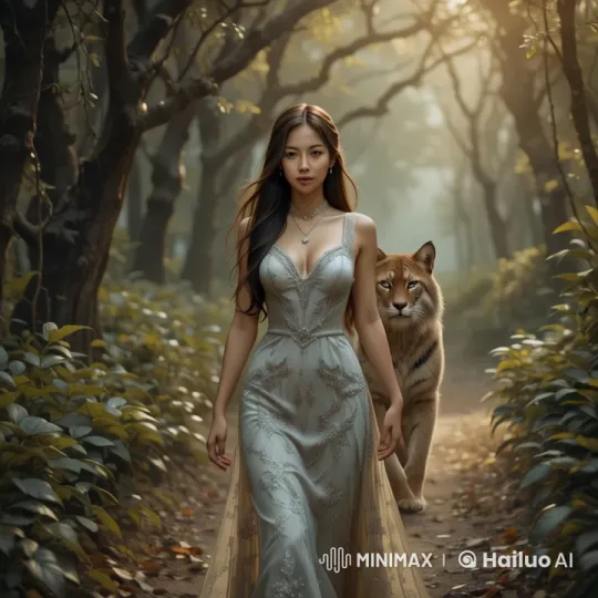 Enchanted Forest Walk with Woman and Majestic Tiger – AI Generated Video | Hailuo AI