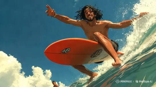 Surfer Glides Gracefully on Orange Board – AI Generated Video | Hailuo AI