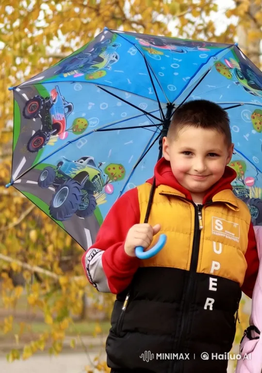 Boy Dances Joyfully in Rain with Monster Truck Umbrella – AI Generated Video | Hailuo AI