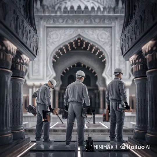 Workers Prepare in Ornate Hall with Power Tools – AI Generated Video | Hailuo AI