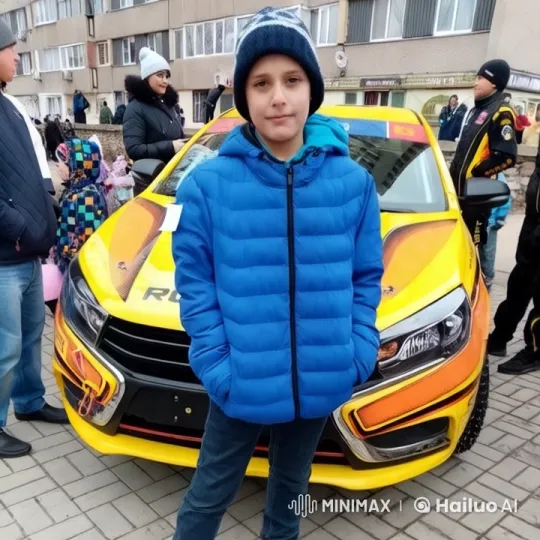 Boy in Blue Jacket Examines Bright Yellow Car – AI Generated Video | Hailuo AI