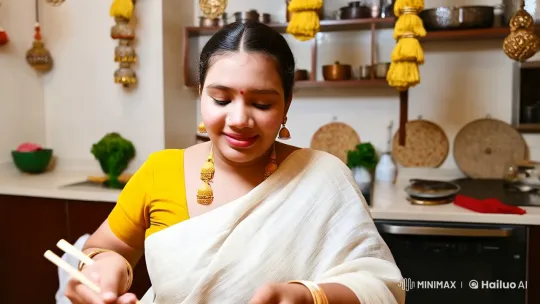 Indian Woman Enjoying Noodles in Cozy Kitchen – AI Generated Video | Hailuo AI