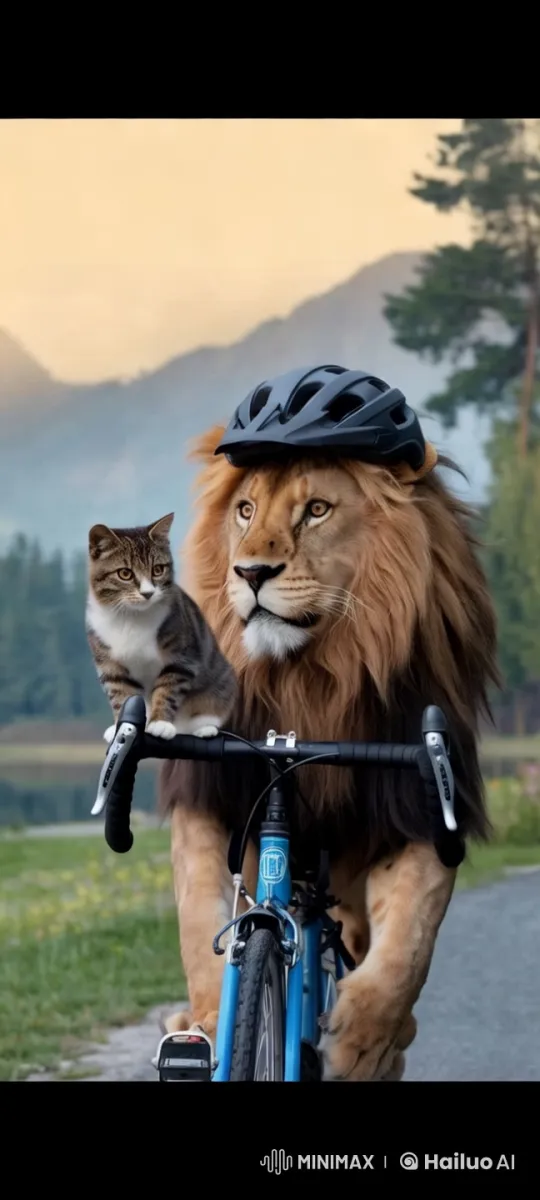 Lion and Cat Interact on Bicycle in Serene Landscape – AI Generated Video | Hailuo AI