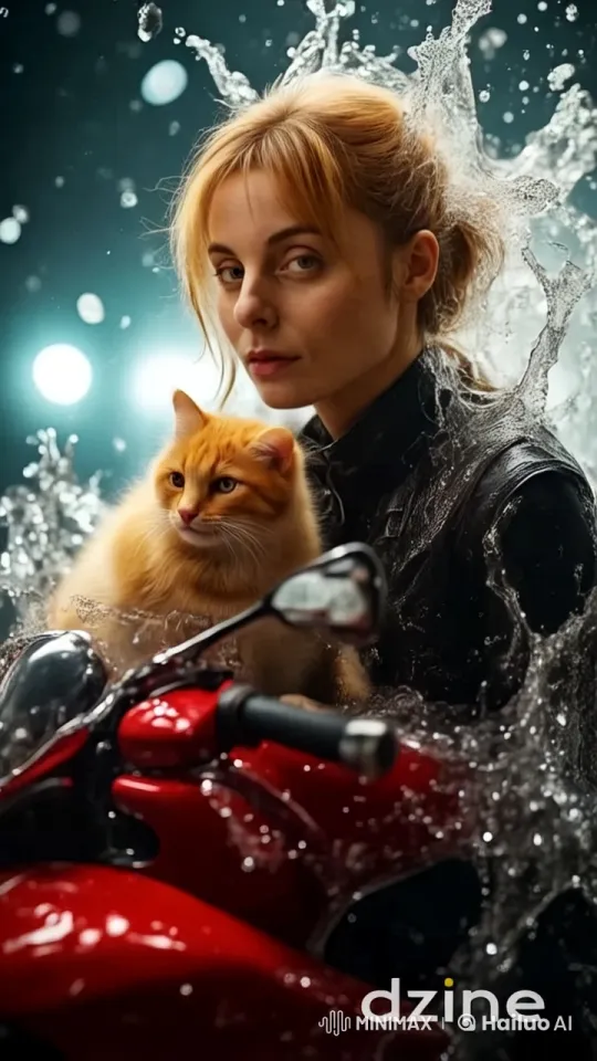 Futuristic Red Motorbike with Woman and Cat – AI Generated Video | Hailuo AI