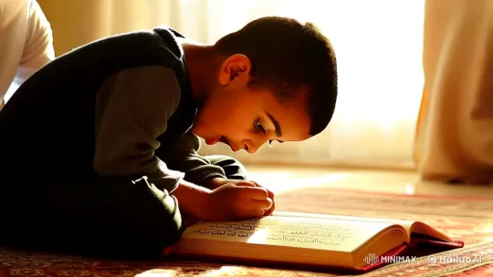 Young Boy Recites Quran with Sibling's Guidance – AI Generated Video | Hailuo AI