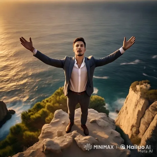 Man Embraces Sunset View on Rocky Cliff – AI Generated Video | Hailuo AI