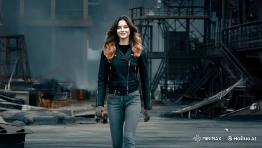 Young Woman in Industrial Chaos with Aviator Sunglasses – AI Generated Video | Hailuo AI