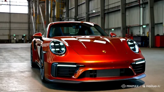 Dark Orange Porsche 911 Showcases Elegance in Industrial Hall – AI Generated Video | Hailuo AI