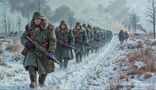 Russian Infantry Advances Through Snowy Battlefield – AI Generated Video | Hailuo AI