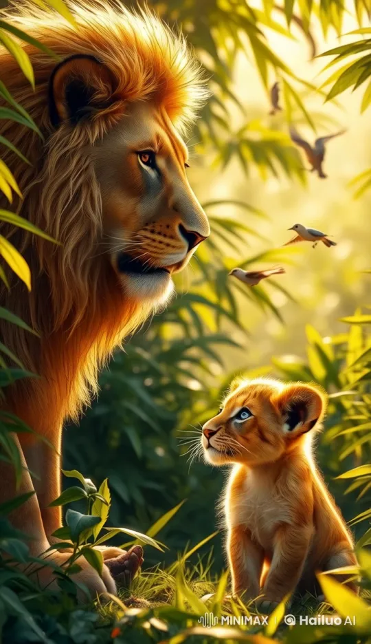 Lion and Cub in Intimate Jungle Moment – AI Generated Video | Hailuo AI