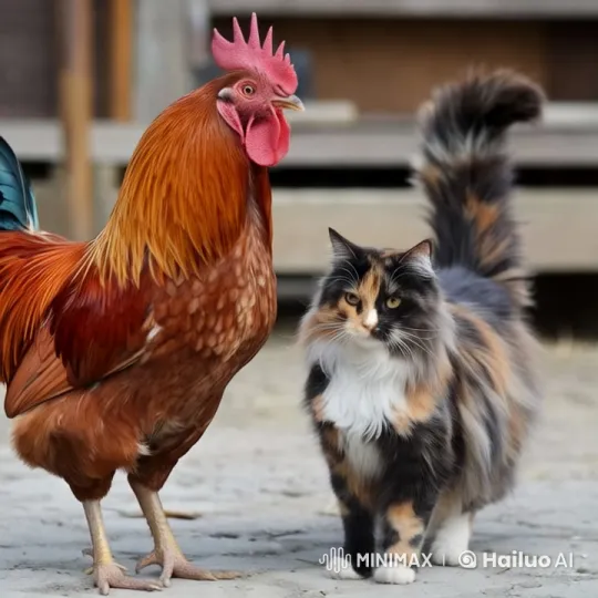 Cat and Rooster Team Up to Defend Territory Against Fox – AI Generated Video | Hailuo AI